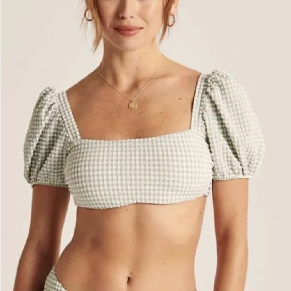 Abercrombie & Fitch Puff Sleeve Gingham Bikini Top